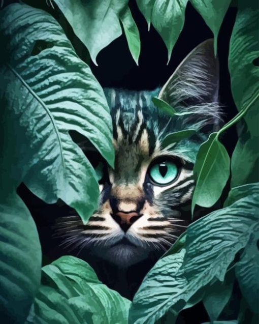 Bengal Cat Behind Leaves Diamond Painting