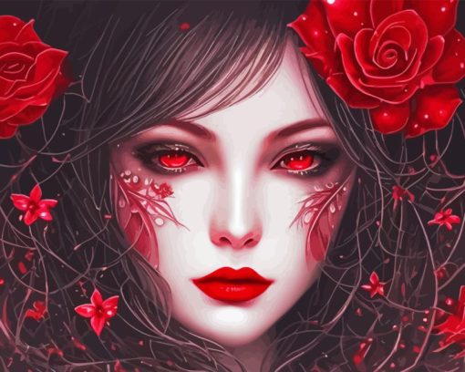 Girl With Red Eyes And Flowers Diamond Painting