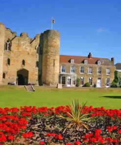 Tonbridge Castle With Red Flowers Diamond Painting