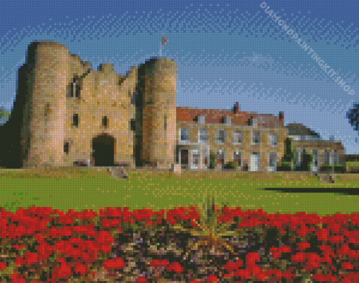 Tonbridge Castle With Red Flowers Diamond Painting