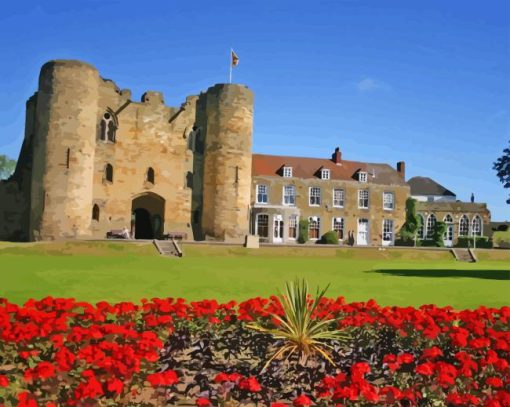 Tonbridge Castle With Red Flowers Diamond Painting