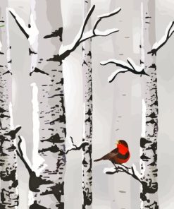 Winter White Birches And Bird Diamond Painting