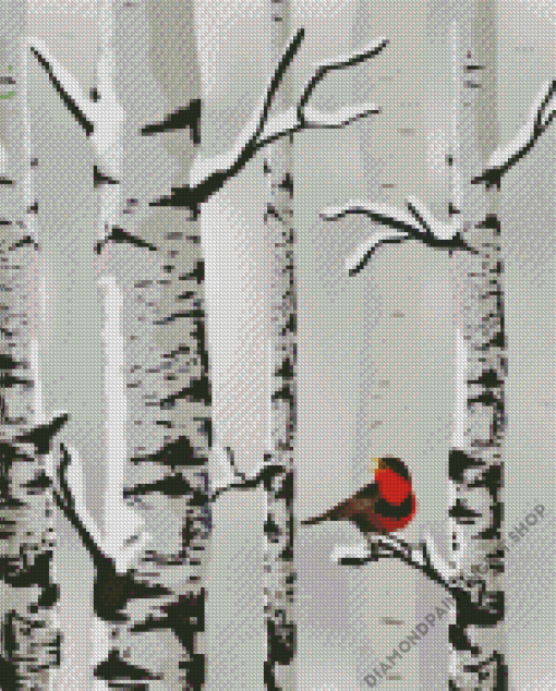 Winter White Birches And Bird Diamond Painting