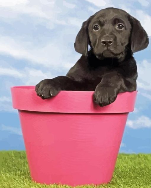 Black Labrador Retriever In Flowers Pot Diamond Painting