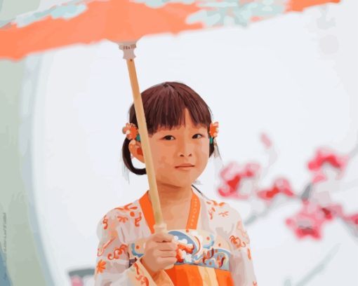 Little Chinese Girl Holding Umbrella Diamond Painting