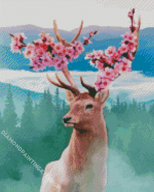 Pink Flowers Spring Deer Diamond Painting