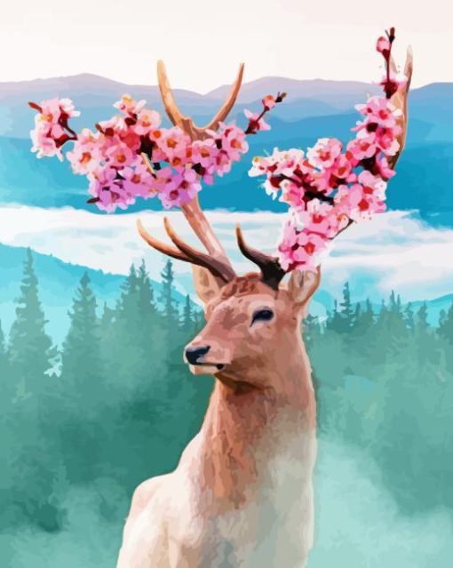 Pink Flowers Spring Deer Diamond Painting