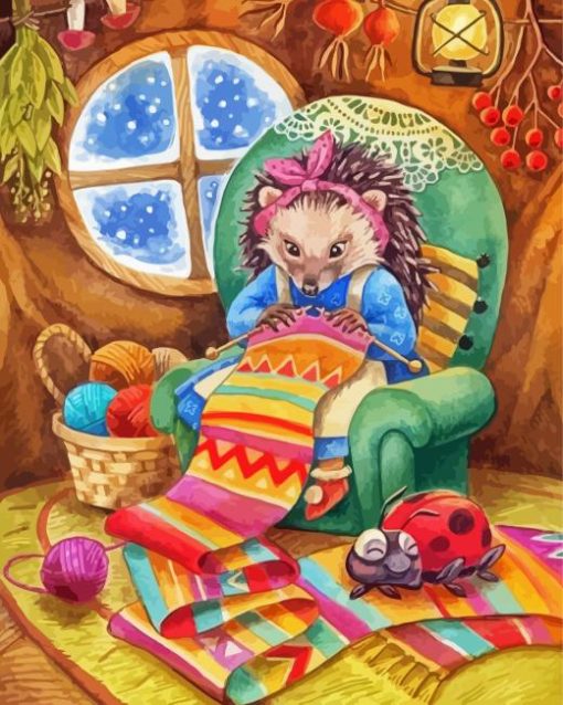 Hedgehog knitting Art Diamond Painting