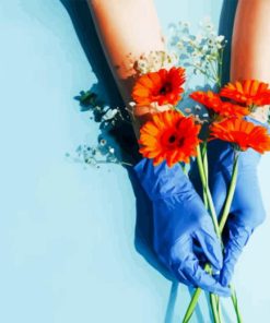 Holding Flowers With Blue Gloves Diamond Painting