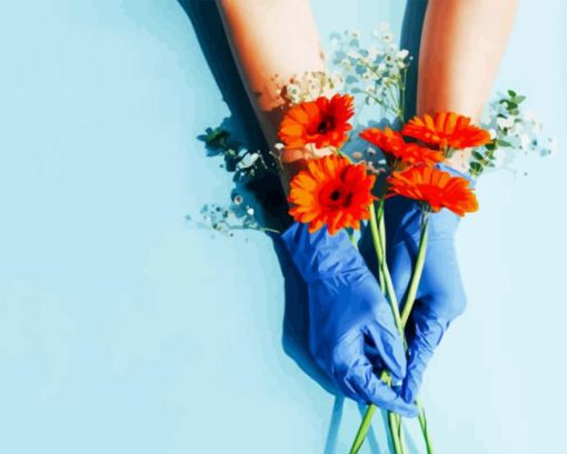 Holding Flowers With Blue Gloves Diamond Painting