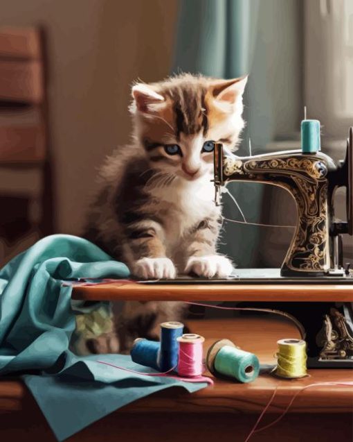 Cat with Sewing Machine Diamond Painting