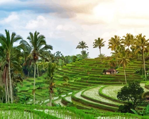 Palm Trees in Rice Fields Diamond Painting